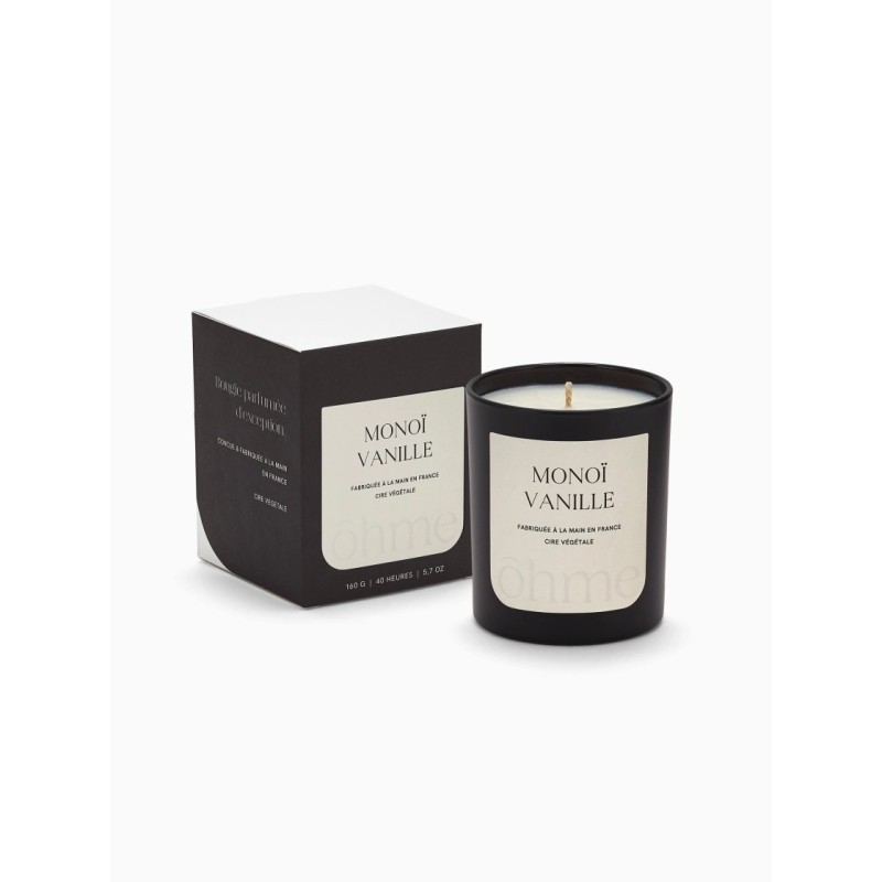 Bougie parfumée artisanale Monoï Vanille et son emballage